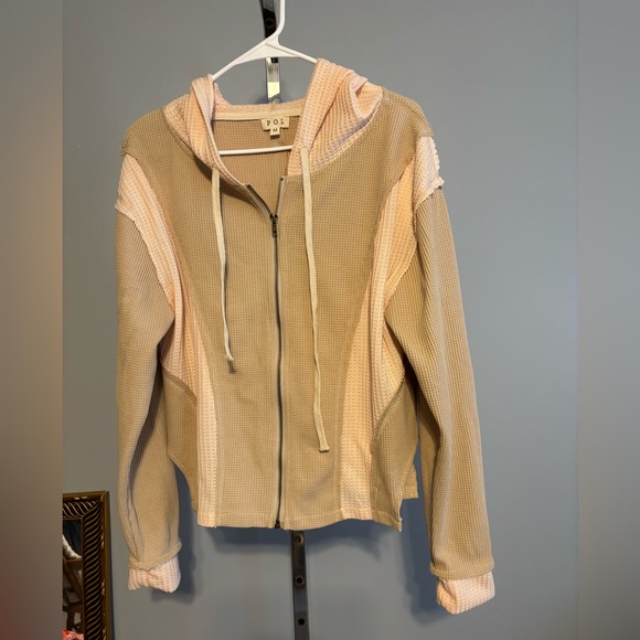 Pol‎ Women’s Zip Up Waffle Hoodie Cropped med tan and pink - Picture 2 of 7